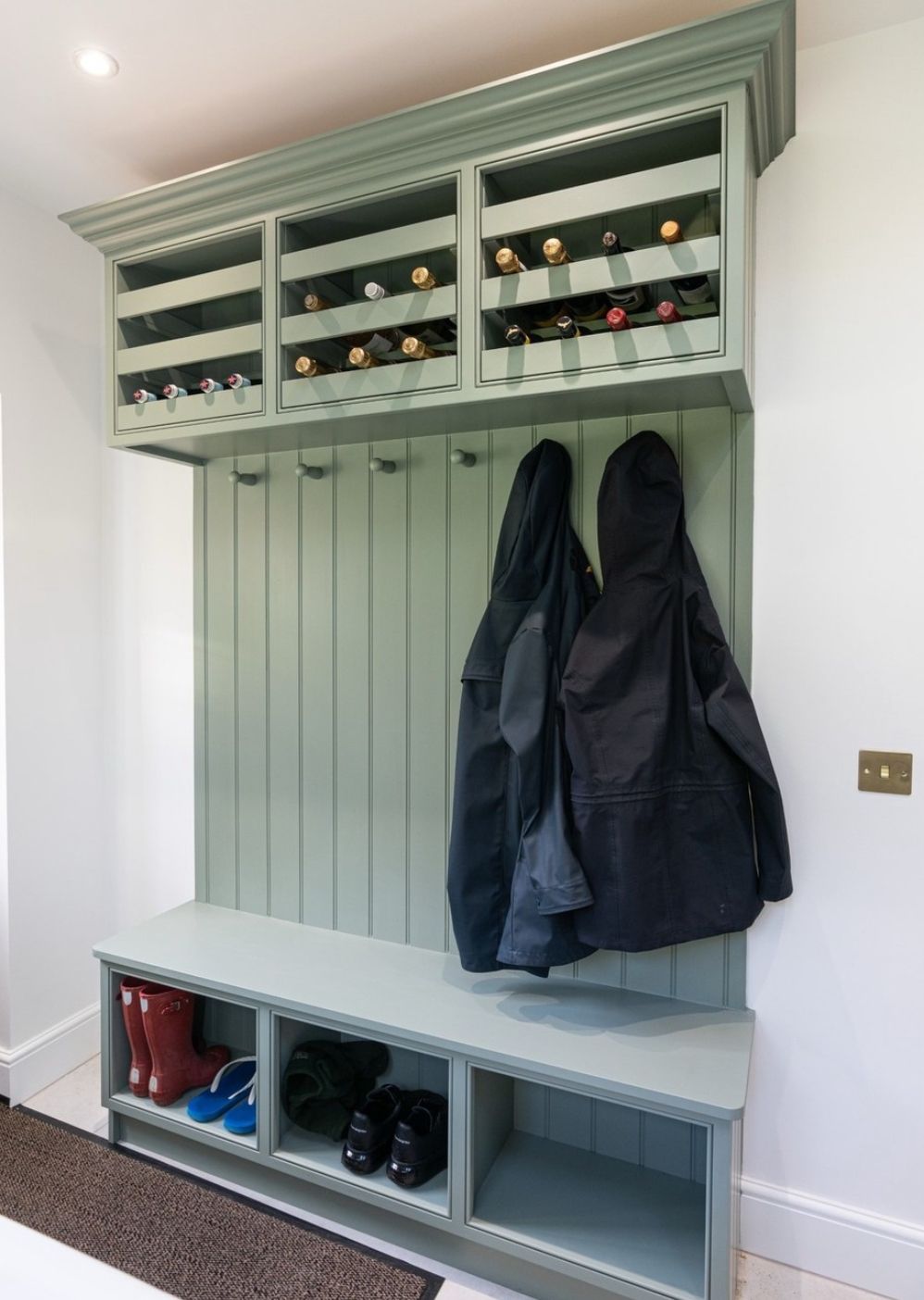 Sage boot room and panelling joinery in Hoddesdon